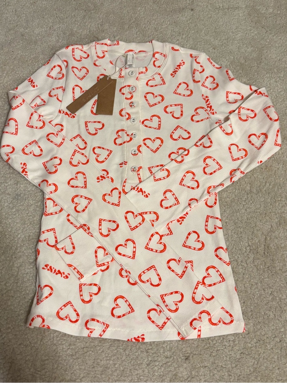 SKIMS White Henley Top with Red Heart Print